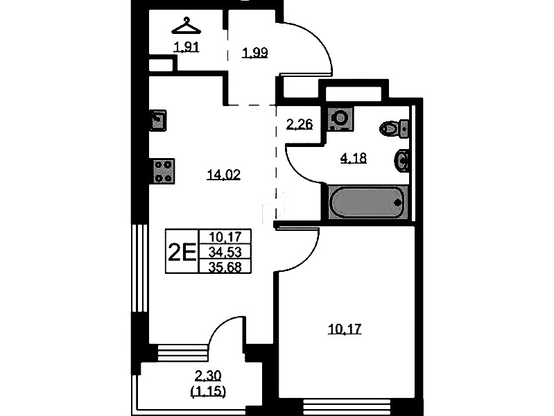 1-комнатная квартира 35.68 м², 5/9 эт., ЖК «GloraX Новоселье»